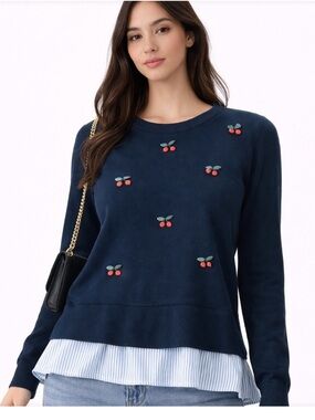 Nanette Lepore Navy Sweater with Red Cherry Embroidery. Size Small. NWT.